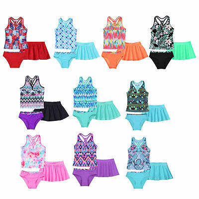 3pcs Kids Girls Tankini Swimsuit Swimwear Top with Briefs and Skirt Bottoms Set