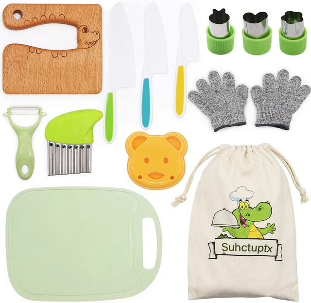Conjunto de Cuchillos Madera para Niños con 14pcs Guantes Cortadores de Frutas