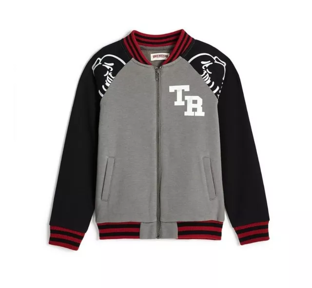 True Religion Boys Kids Bomber Varsity Jacket Full Zip Red Gray Black NWT