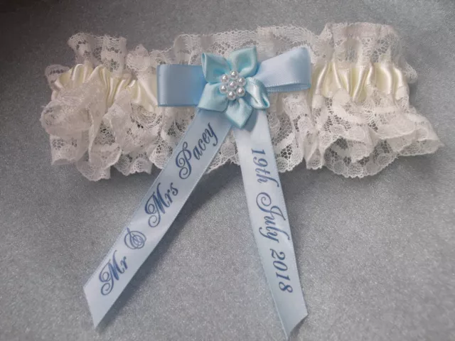 Personalised Blue And Ivory Wedding Garter Plus Size Large