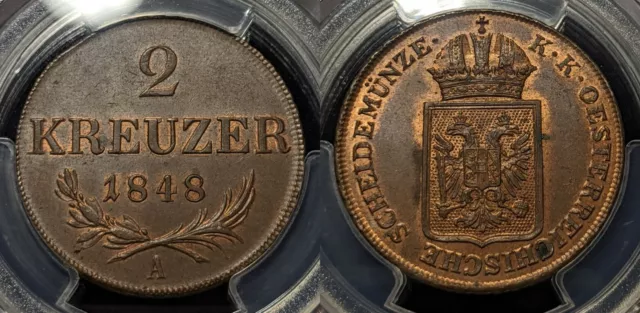 Austria 1848-A Two Kreuzer  2 Kr PCGS MS63BN Choice UNC KM# 2188  #1102