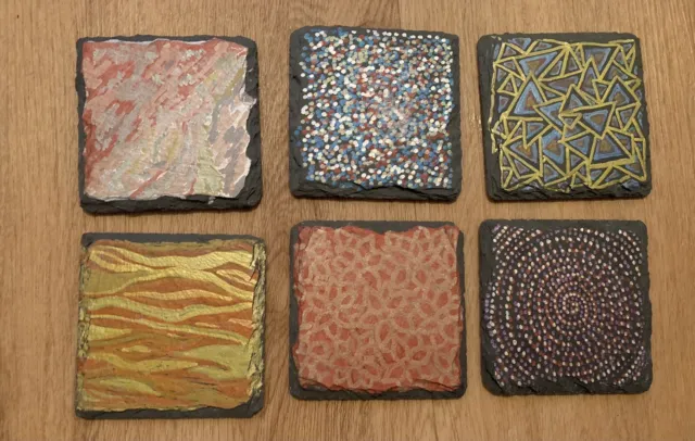 Set of 6 Six Square Hand Painted Welsh Slate Coasters Art 4” Inch 10cm