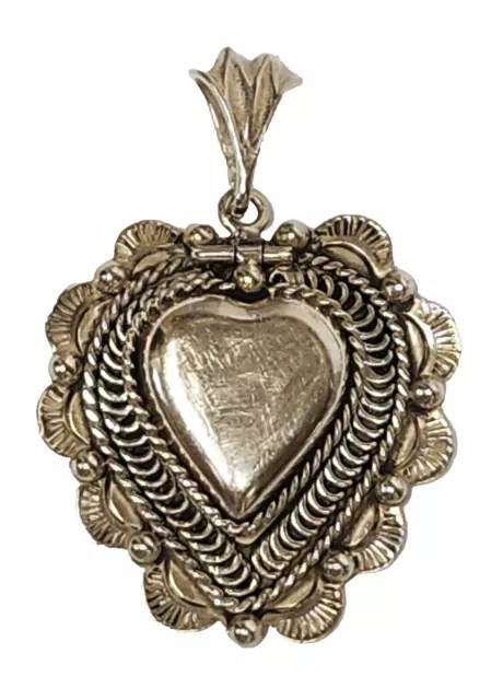 Sterling Silver Stamped Ex-Voto Style Heart Pendant Center Flips Up Taxco Mexico