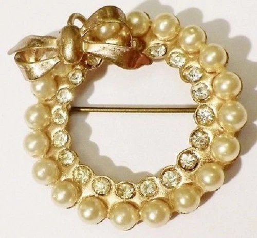 Broche Bijou Vintage Fleur Or Perle Cristal Vert Péridot - Bon état - Sans Marque