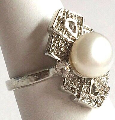 Silver Pearl Art Deco Cocktail Ring Size 6 7 8 9 Crystal Vintage White Plated