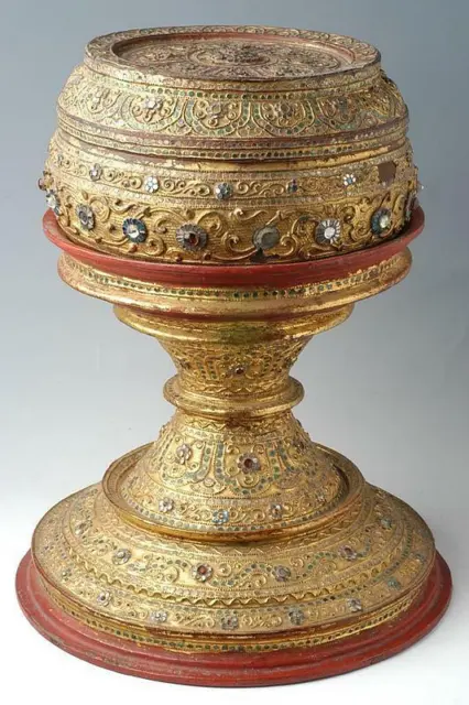 19th C., Mandalay, Antique Burmese Offering Bowl Decorated with Mirror Tiles