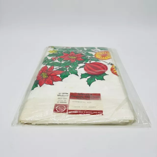 VTG 50s Simtex Tablecloth Christmas Poinsettia Ornaments 52x51" in Original Pkg 2