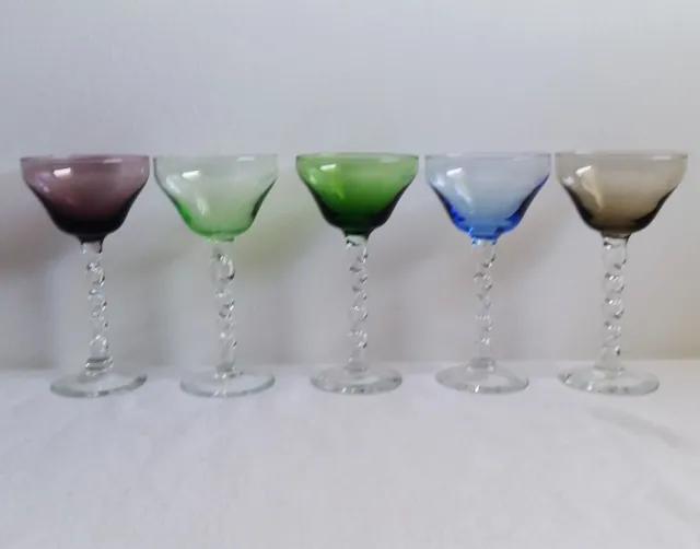 Morgantown Cordial Glass Twisted Stem Hand Blown Multi Colored Bar ware Set of 5