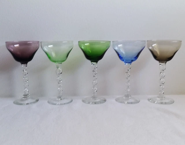 Morgantown Cordial Glass Twisted Stem Hand Blown Multi Colored Bar ware Set of 5