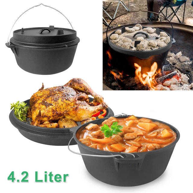 Dutch Oven Set Feuertopf 4,2 Liter Gusseisen Topf BBQ Schmortopf mit Deckelheber