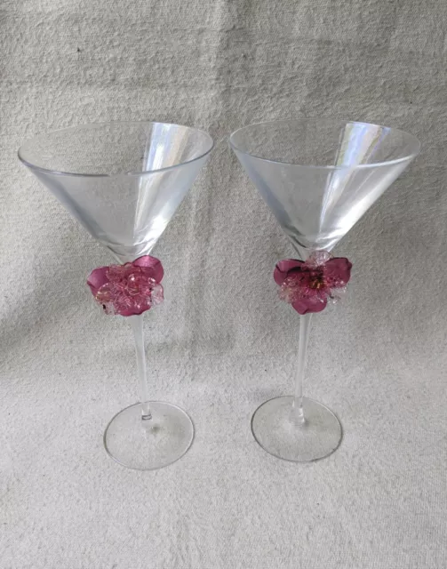 Pair Of Murano Salviati Glass Pink Flower Stem Martini Glasses