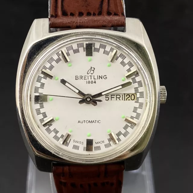 Vintage Swiss Made Breitling Geneve Automatic Day Date Men's Wrist Watch Vintage Swiss Made Breitling Geneve Automatic Day Date Men's Wrist Watch