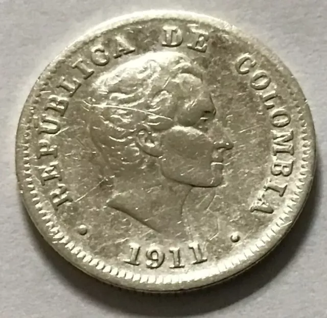 1911 Colombia 10 Centavos  KM-196.1 Silver 1St Year Issue