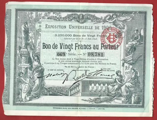 Titre Exposition Universelle de 1900 bon de vingt francs au porteur