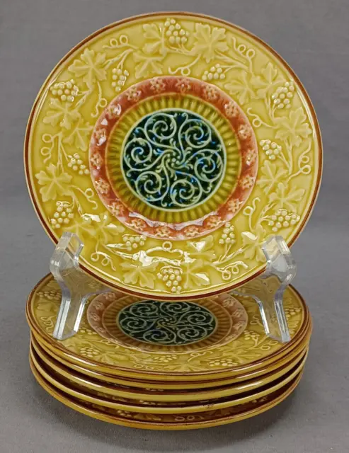 Set of 6 Zell Baden Grapes & Scrollwork Yellow Majolica 6 1/2 Inch Plates