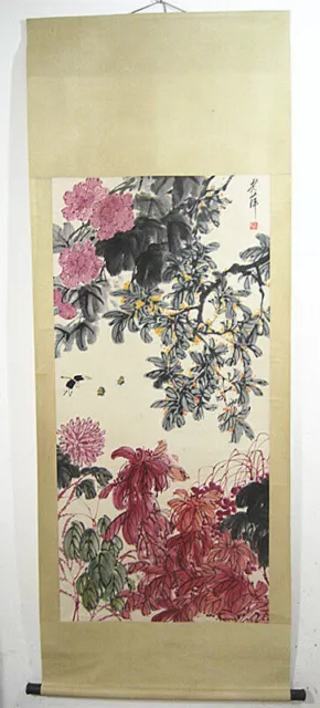 Qi Baishi Signed Chinese Hand Painted Scroll painting Insects Flowers 齐白石