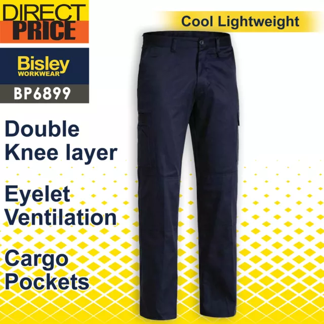 Bisley Mens Work Pants BP6899 Navy Cool Lightweight Drill Cargo-Pocket Cotton