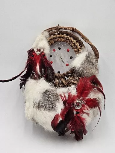 Handmade Native American Dream Catcher Basket, Adorned With  Feathers And Fur,