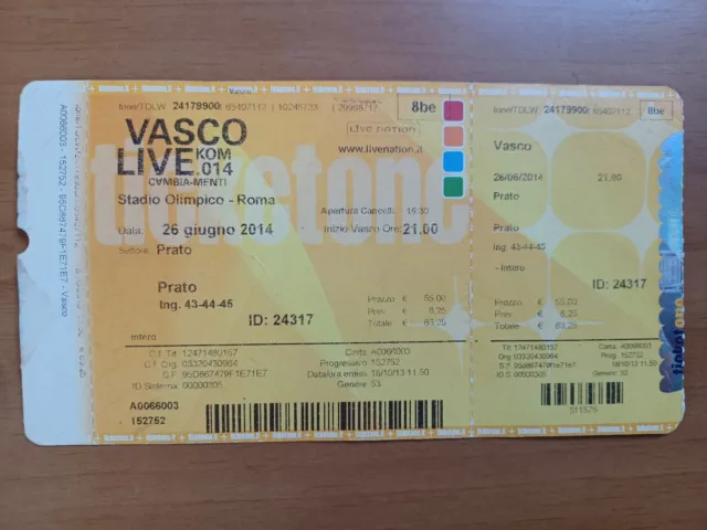 Vasco Rossi  Unused Ticket Biglietto Originale Concerto Nuovo Roma Tour 2014