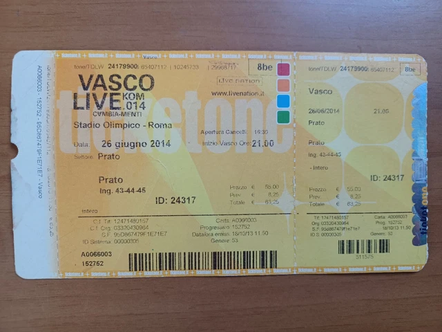 Vasco Rossi  Unused Ticket Biglietto Originale Concerto Nuovo Roma Tour 2014