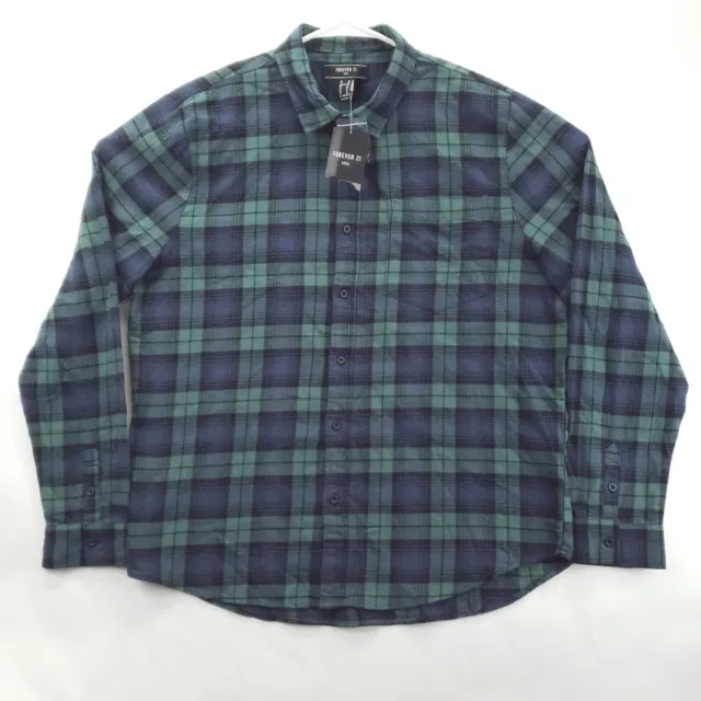 NEW Forever 21 Flannel Woven Shirt Mens XL Navy Green Plaid Cotton Button-Up