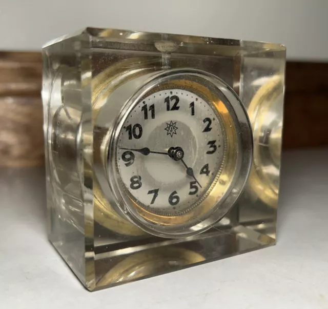 German Junghans Glass Jewel Paperweight Desk Mantel Table Clock