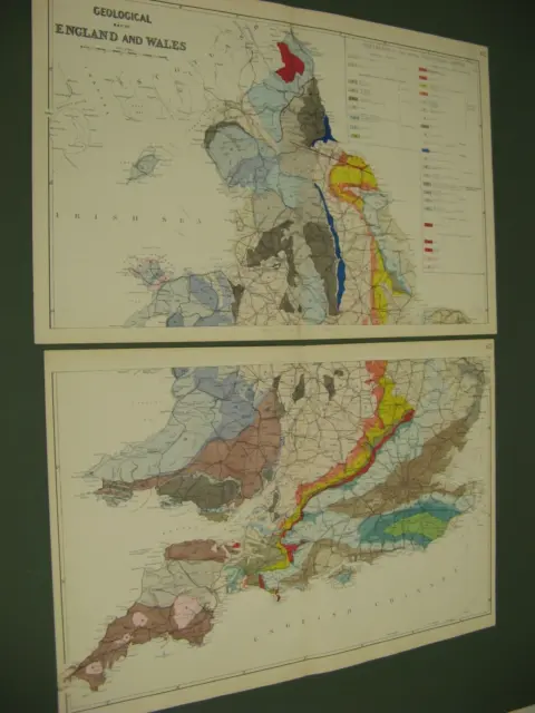 100% Original Large Geological England And Wales  Maps X2  By Bacon C1896 Vgc