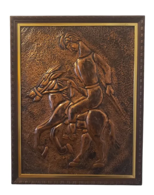 Vintage Embossed Relief Hammered Copper  Man Riding Horse  Wall Plaque Framed