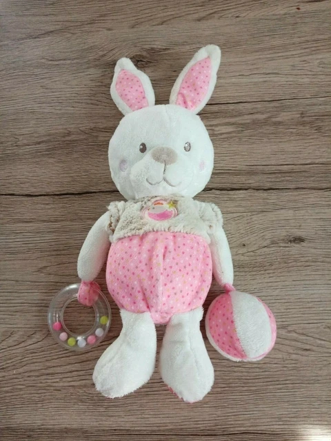 Peluche Doudou Lapin Blanc Beige Rose Eveil Grelot MOTS D'ENFANTS