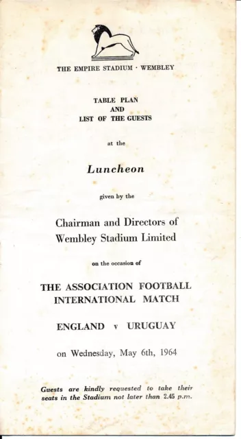 TABLE PLAN & GUEST LIST for England v Uruguay (@ Wembley) 1964