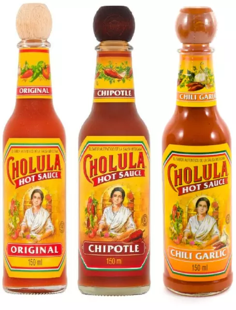 Cholula Mexican Hot Sauce Original, Chipotle & Chili Garlic 150ml Bottles