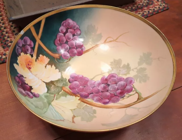 Large Limoges Porcelain France Hand Painted Fruit Bowl Grape Gold Rim
