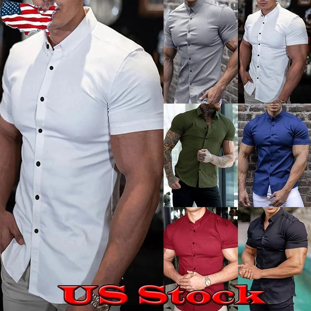 Men Turn Down Collar V Neck T-Shirt Summer Plain Muscle Short Sleeve Buttons Tee