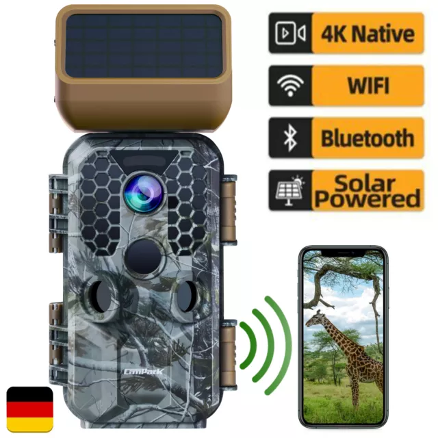 WLAN Solar 4K 60MP Wildkamera Bluetooth Fotofalle Nachtsicht Überwachungskamer