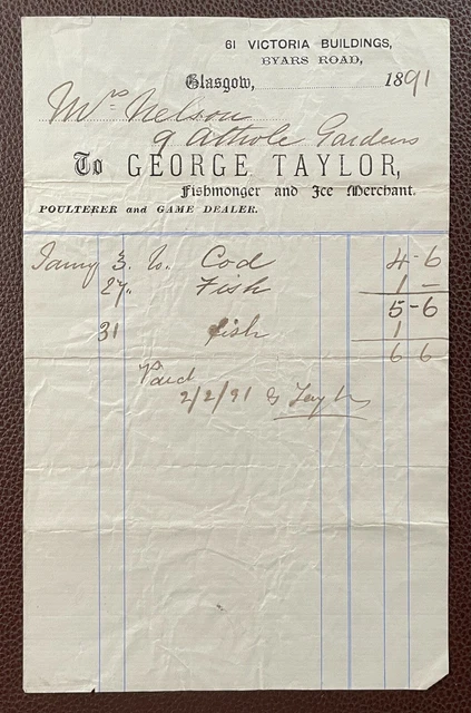 1891 George Taylor, Fishmonger, Victoria Buildings, Byars Road, Glasgow Invoice