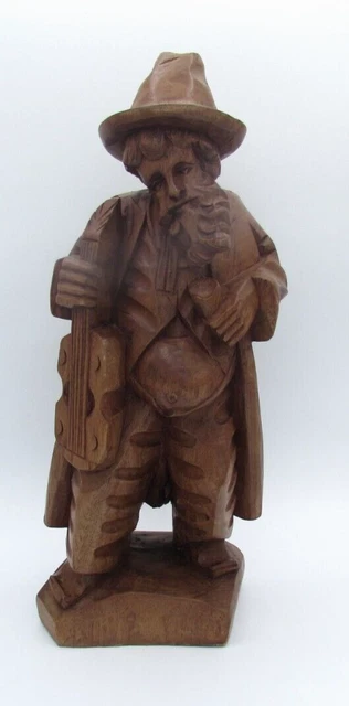 12.5" tall Hand Carved Walnut Wood Figure Sad Man w/ Guitar Ouro Artesiania