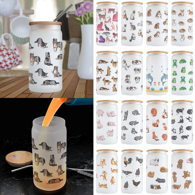 Animal 16oz Frosted Glass Cups Beer Can Drinking Tumbler Cup with Lid and Straw