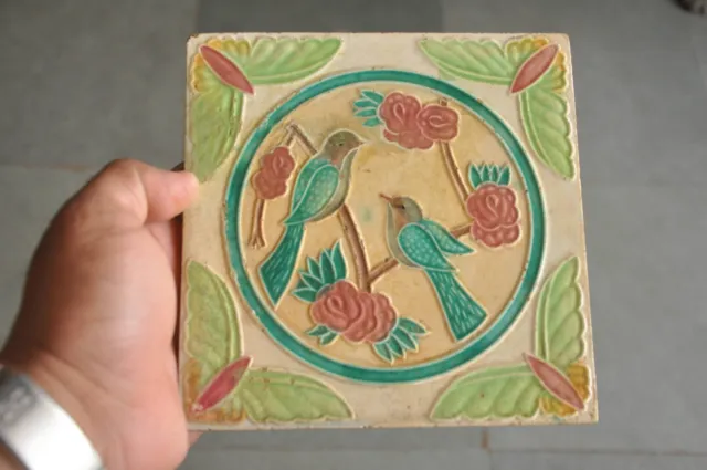 Vintage Love Birds Picture Embossed Ceramic Tile,Japan 6