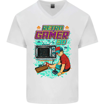 Retro Gamer Arcade Games Gaming Mens V-Neck Cotton T-Shirt