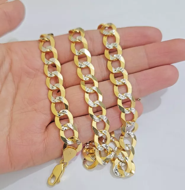 Solid 14k Gold Chain necklace Cuban Curb Link  9.5mm Two-Tone Diamond Cut 20-30" 3