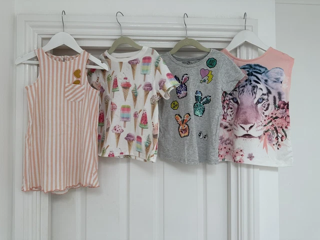Maglietta per ragazze, pacchetto top, gelato, crema, tigre, conigli e righe, età, 4-5
