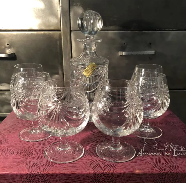 Coffret Service À Cognac Cristal De Lorraine Taillé Main Carafe 6 Verres Signés