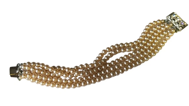Vtg Faux Champagne Pearl 5 Strand W/Silver Tone And Rhinestone Clasp Bracelet 7"