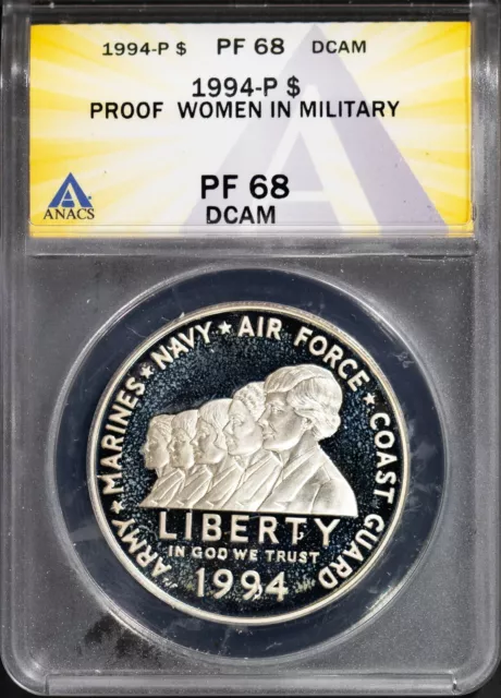 1994-P $1 dólar de plata para mujeres en el ejército PF 68 DCAM ANACS # 7668880