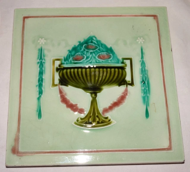 ANTIQUE MINTON ART NOUVEAU TUBLINE MAJOLICA TILE 6in x 6in, COLLECTIBLE c1890.