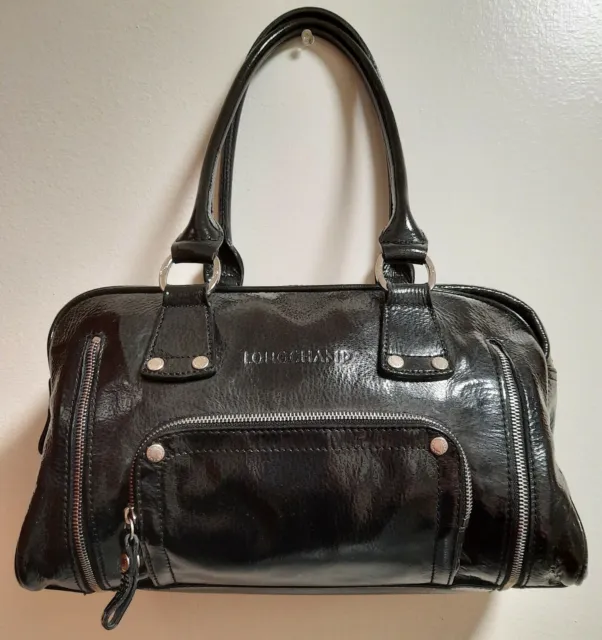Longchamp Rodeo Luxe Rival Shoulder Bag Satchel Black Patent Leather