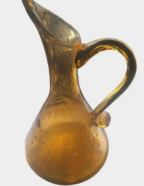 Vintage Amber Glass Pitcher Controlled  Rice Bubbles & Striations. 10" T X 6"W