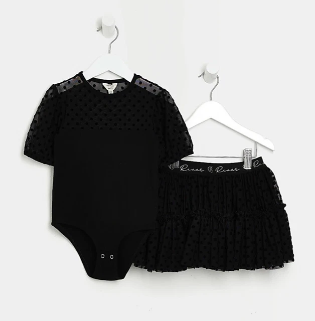 River Island 2 Pz Mini Ragazze Maglia Nera Pois Set Costume Tutù A Pois River Island 3-4 Anni