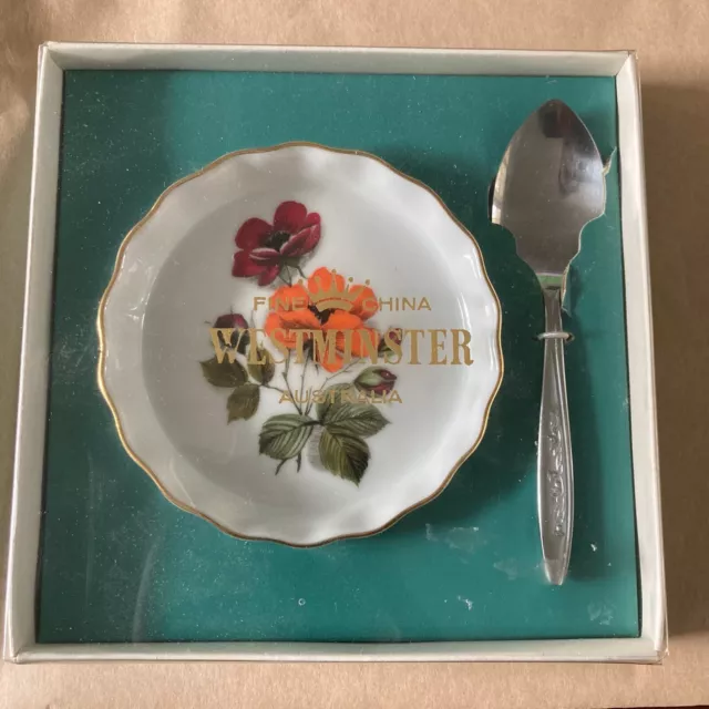 Boxed Vintage New Old Stock Westminster China Australia Jam Dish & Spoon Set