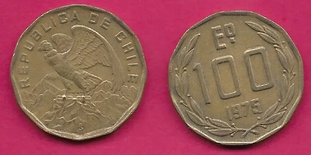 Chile 100 Escudos 1975 Vf 12 Sided Coin,Defiant Condor On Rock ,Denominatio